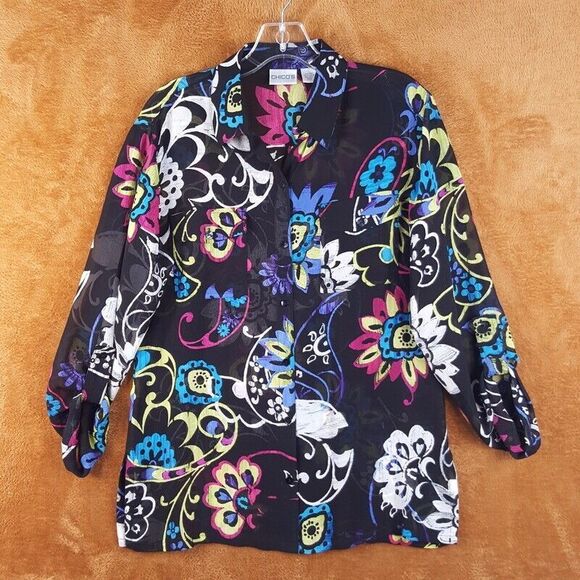 CHICOS Womens Top Size 0 Small Black Button Up Shirt Floral 100% Silk Blouse - Picture 1 of 7